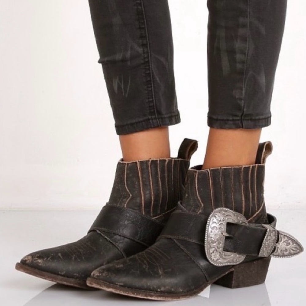 Matisse Black Ankle Boots with Ornate Silver Buckle